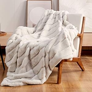 Cozy Bliss Luxury Super Soft Striped Faux Fur Throw Blanket for Couch, 50″x60″ Beige, Warm Milky Plush Blanket for Sofa Bed Living Room Bedroom (Stripe-Beige)