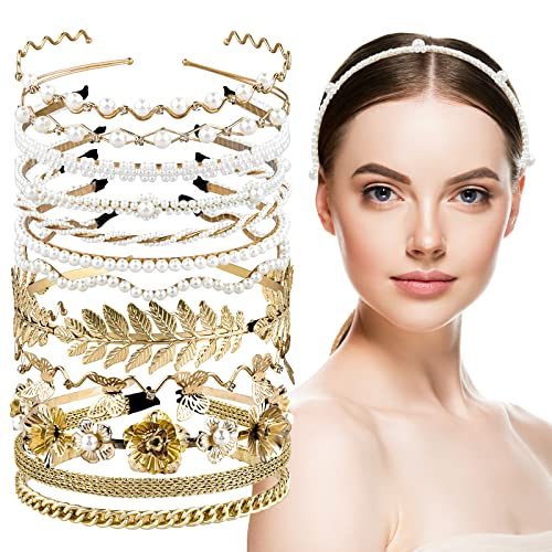 Whaline 12 Pieces Pearl Headbands Rhinestones Metal Hairbands Gold Alloy Flower Faux Pearl Hair Hoops Metallic Bridal Wedding Hair Accessories for Women Girls Birthday Gift