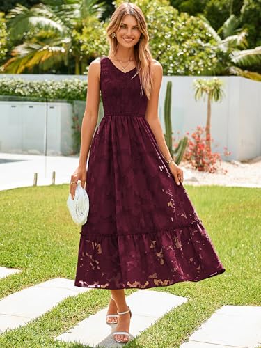 Image of Simplee Womens Semi Formal Dresses for Wedding Guest Floral Lace Midi Dress | Floral lace, Modest, Midi length, Sleeveless, V neck, Smocked empired waist, Semi formal wedding guest dress, Baptism dress