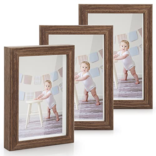 Anhow 3D Cadre Boîte 10x15 cm (4x6 Pouce), 3pcs Cadres Photo avec Transparente Verre et Clips Rotatifs Cadre Photo Vitrine 3D Cadre Boîte Cadre 3D Profond - 1.5cm Profondeur/Marron