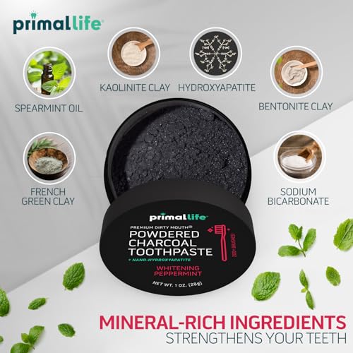Image of Primal Life Organics - Dirty Mouth Toothpowder, Activated Charcoal Tooth Cleaning Powder, Essential Oils with Kaolin & Bentonite Clay, Good for 200+ Brushings, Organic, Vegan (Black Peppermint, 1 oz)