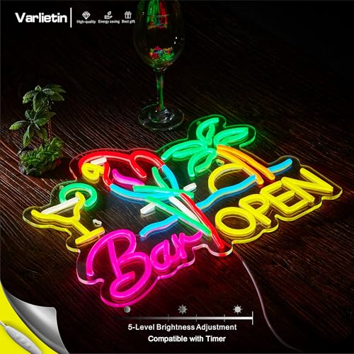 Image of Bar Open Neon Sign for Wall Decor, Parrot Open Beer Bar LED Light Up Dimmable Signs Compatible with Timer for Pub Party Man Cave Room Restaurant Business Party Art Decor Gift