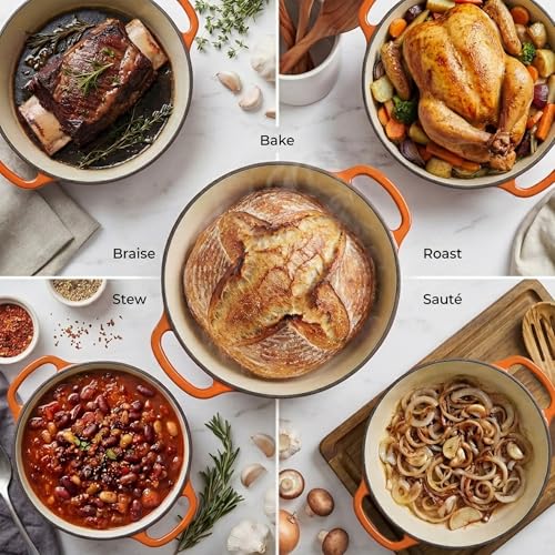 Image of Zulay Kitchen 7.7 Quart Enameled Cast Iron Dutch Oven Pot with Lid - Premium Durability & Oven Safe up to 500F - Heavy Duty Cookware Perfect for Bread Baking, Stews, Braising & Roasting - Orange