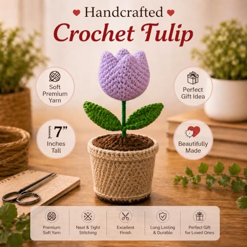 Image of Handcrafted Crochet Flower Pot | 7 Inch Handmade Wool Flower Plant | Premium Soft Yarn Decor | Cute Desk & Home Decoration | Unique Gift for Birthday, Anniversary & Valentine (Tulip Lavender)
