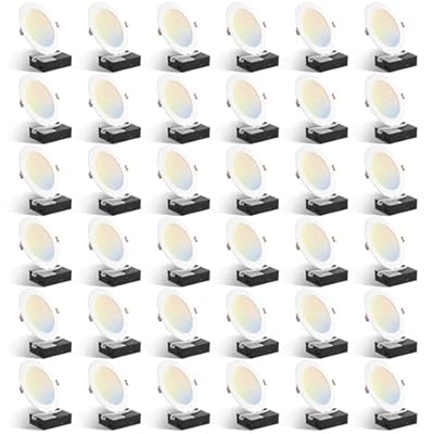 Amico 36 Pack 6 Inch 5CCT Ultra-Thin LED Recessed Ceiling Light with Plastic Junction Box, 2700K/3000K/3500K/4000K/5000K Selectable,1050LM, Dimmable Canless Wafer Downlight, 12W, ETL&FCC