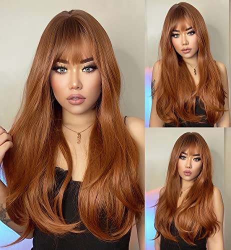 Perruques Vebonny-202 rousses avec frange, cheveux synthétiques, perruques raides naturelles pour femmes, perruque sans colle réaliste ; 56 cm.