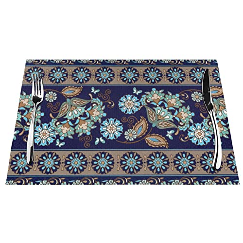 Blue Striped Floral Placemats Paisley Place Mat Set Of 4, Bohemian Abstract Dining Table Mats Washable 12"X18" For Kitchen Wedding Thanksgiving Christmas Dinner Parties Outdoor Indoor Decor #TOP1