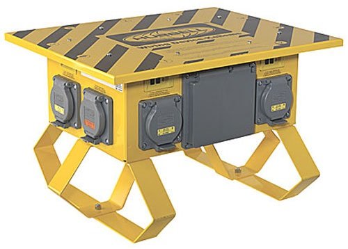 Hubbell Wiring Systems SBSB1A Spider II Temporary Power Box with 20A 125V 7-Receptacles, 50A 125/250V Inlet and Outlet, Straight Blade Style, 50A, 120/240VAC, Yellow