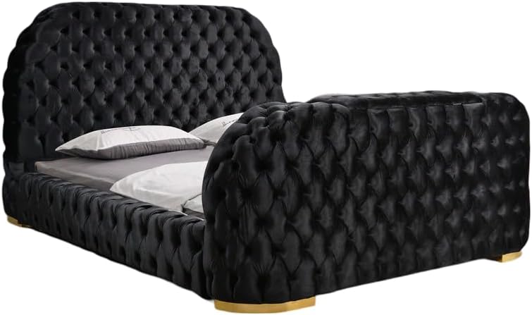 First of a Kind Leon Velvet Queen Bed Frame with TV Stand & Fireplace in Footboard, Luxury Upholstered Velvet Tufted Bed with Golden Legs, Tufted Beds, Bedframe with TV in Footboard, Black