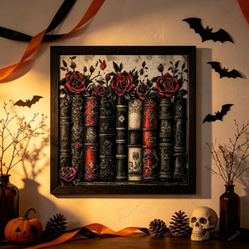 Image of Halloween Needlepoin Stamped Cross Stitch Embroidery Kits Arts and Crafts | Book Flowers Counted Cross Stitch Kits for Beginner Adult Crossstitching Printed Dimensions Patterns Stitch Embroidery Kits