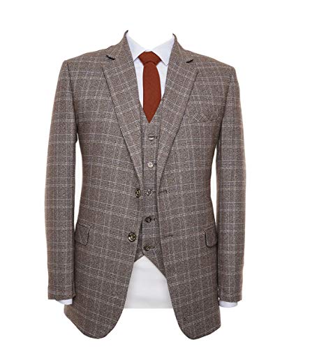 Men's Brown Tweed Wool Grid Plaid Check Tuxedos Groom Slim Fit 3 Pieces Suit Jacket Vest Pant2
