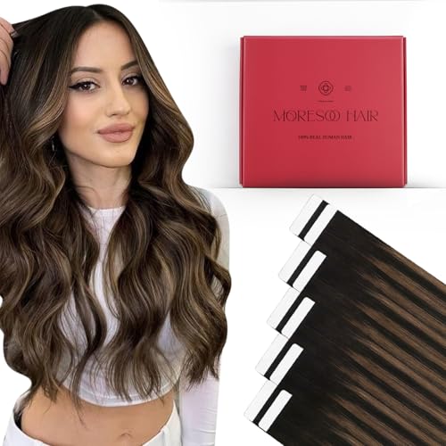 Image of Moresoo Brown Balayage Seamless Tape Extensions Human Hair 16in 10Pcs 25g | Hair extensions tape, partial-volume set, straight strands, low-profile tabs for office looks and weekend styling use