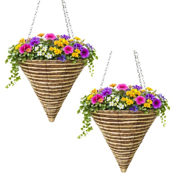 Garden Mile 2 Pack 14" Cone Hanging Baskets Rope Effect Planter with Liner & Chain
