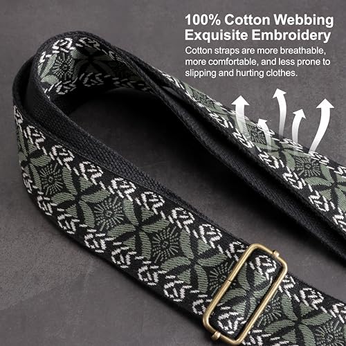Image of Nefelibata Guitar Strap,Jacquard Embroidery Cotton Guitar Straps with Crazy Horse Leather Ends for Bass, Electric & Acoustic, Best Gifts for Guitarists(Army Green Floral Embroidery)