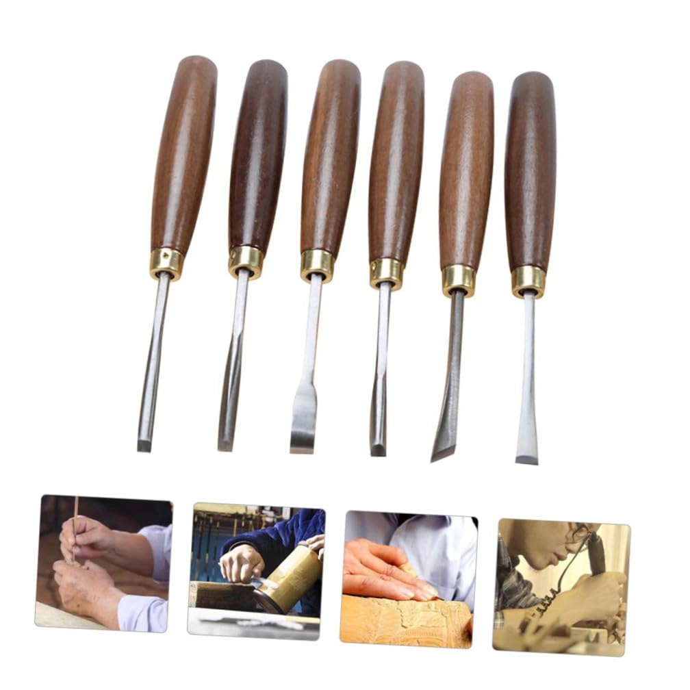 SHINEOFI Kit di 6 Scalpelli da Intaglio Legno Manico in Noce e Acciaio al Manganese, Alta Durata per Falegnami e Lavorazione del Legno