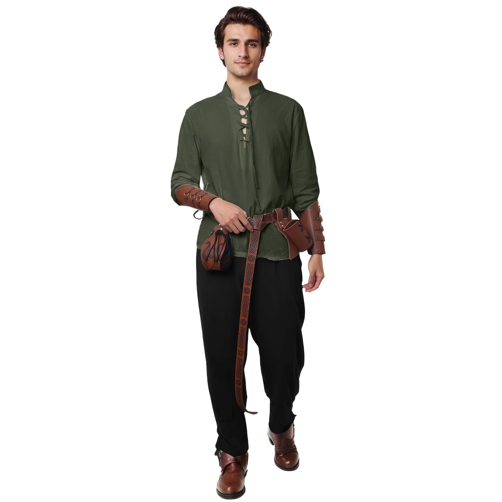 Mittelalter Kleidung Herren, 7 Stück Herren Renaissance Kostüm Set, Mittelalter Viking Kostüm mit Piratenhemd Lang Hose Gürtel Handgelenkgurt