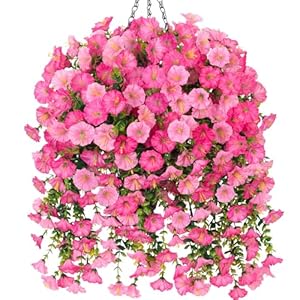 Artificial Hanging Flowers with Basket Outdoors Fake Flowers Plants,3 PCS Faux Silk Morning Pink and Light Pink Glory Flower with Eucalyptus Leaves Realistic Greenery Vines for Wall Home Porch Patio