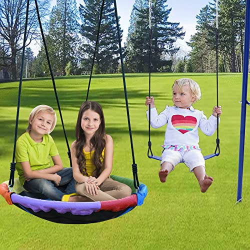 Swing Set For Backyard, 440Lbs, Heavy-Duty A-Frame Metal Outdoor Stand, 1 Saucer Swing Seat & 1 Swings Seat #TOP6