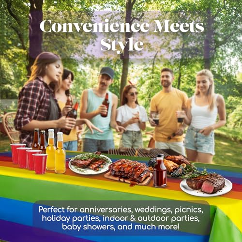 Image of Grandipity Carnival Pride Rainbow Banner Theme 24 Pack Premium Disposable Plastic Tablecloth 54 Inch. x 108 Inch. Decorative Rectangle Table Cover