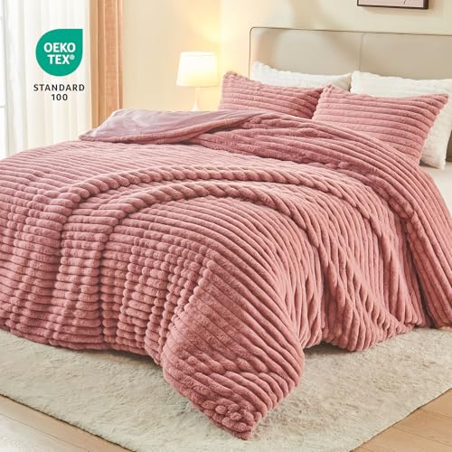 Image of EMME Faux Fur Duvet Cover King Size, 3 Pieces Ultra Soft Fluffy Comforter Cover, Cozy Warm for Winter, Luxury Elegant Shaggy Striped Design Bedding, 1 Duvet Cover & 2 Pillow Shams (King, Old Pink)