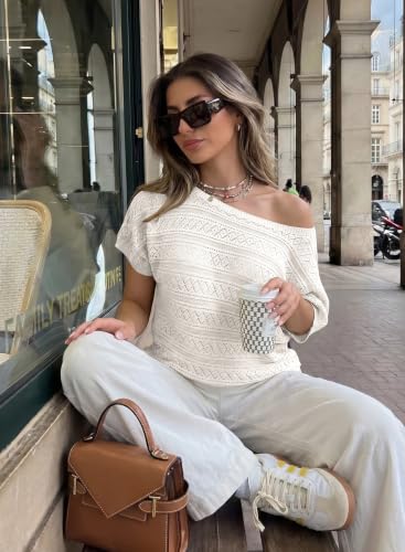 Image of Cakulo Womens Off The Shoulder Batwing Short Sleeve Crochet Tops 2026 Spring Summer Sweater Top Knit Beach Cover Up