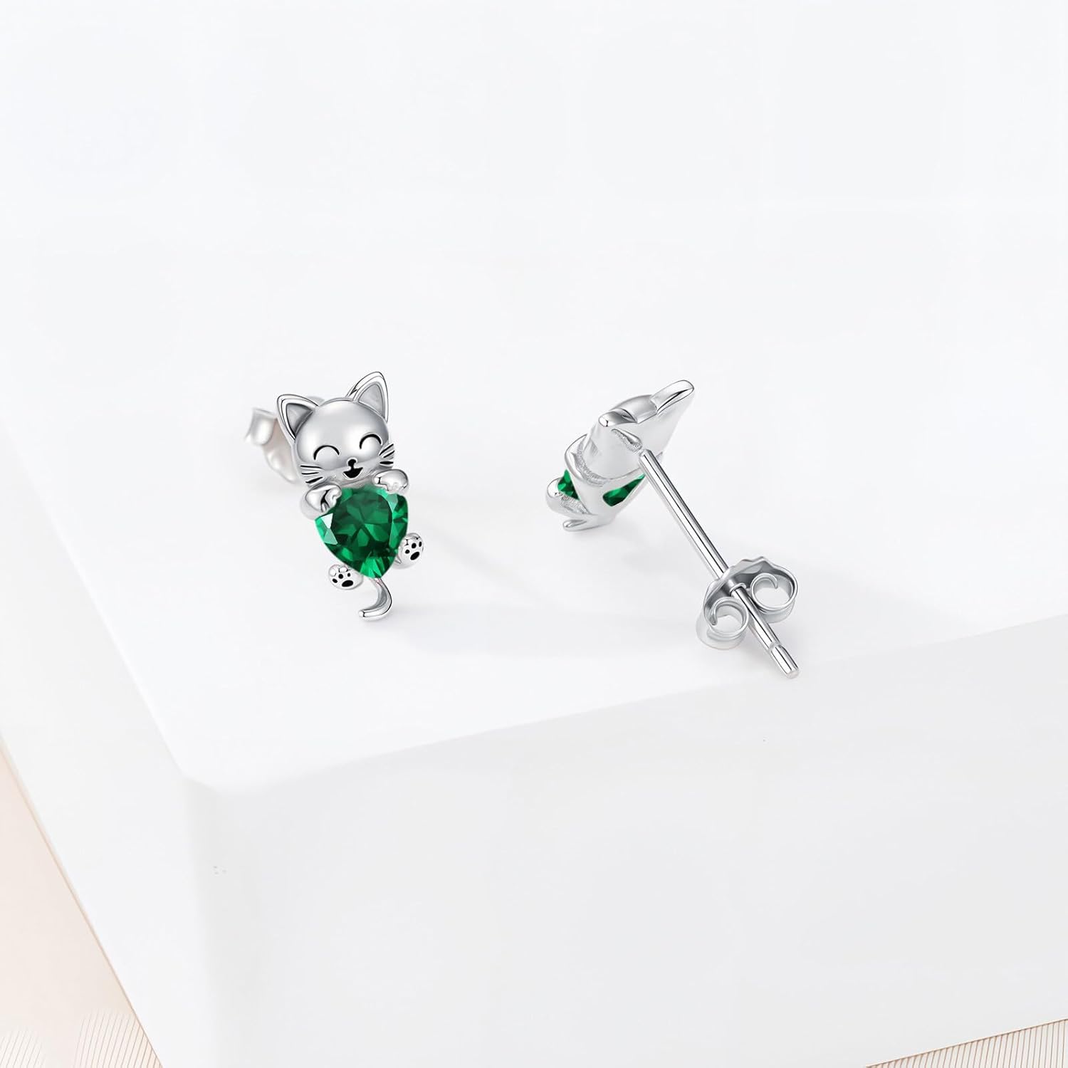 LONAGO Cat Stud Earrings with Synthetic Birthstone Cat Earring Jewelry Gift for Women - Image 3