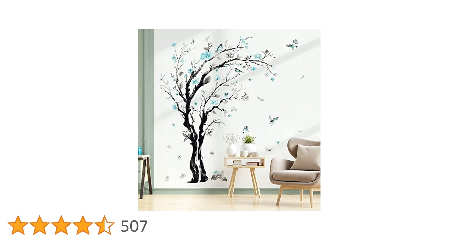 Adesivi Murali Albero Acquerello - Fiori Blu E Uccelli, 4 Fogli 30x90 Cm | Decorazione Camera E Soggiorno