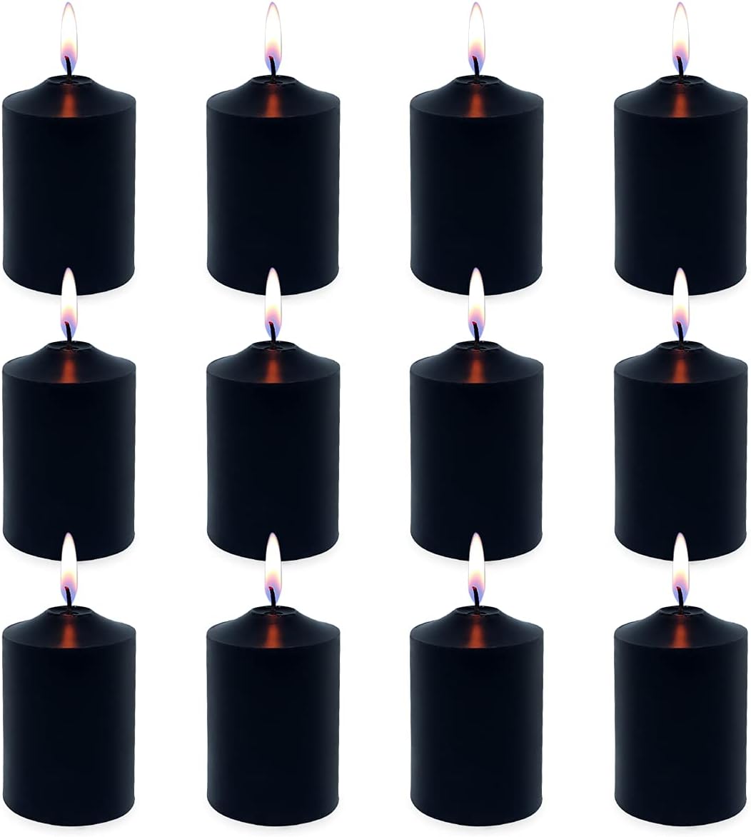 12 Pack Black 2x3 Inches Pillar Candles for Halloween, 22 Hour Long Burning Unscented Column Candles, Dripless and Smokeless Candles for Home Weddings Church and Emergency