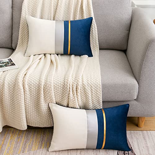 Serento Cushion Covers 30 x 50 cm Navy Blue Gold Striped Patchwork Velvet Case Luxury Modern Rectangle Throw Pillow Cover Decorative Lumber for Bedroom Living Room Cases Bed Sofa Car 12 × 20 Inches - Cosy Home Interiors Serento Cushion Covers 30 x 50 cm Navy Blue Gold Striped Patchwork Velvet Case Luxury Modern Rectangle Throw Pillow Cover Decorative Lumber for Bedroom Living Room Cases Bed Sofa Car 12 × 20 Inches - Image 3