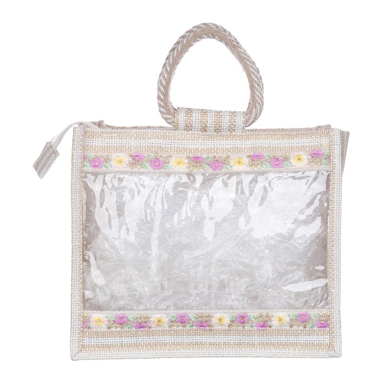 Sainik's Jute Bags Transparent Clear Window Stripped Jute Bags for Wedding Return Gifts Basket Room Hamper Tote Bag with Zipper, Goody Bag (25CMX29CMX15CM) Pack of 12 1