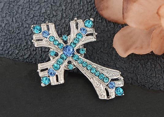 Image of Cross brooches and pins for women Sparkling Aquamarine Clear Crystal Rhinestones Holy Cross Christian Religious Jewelry