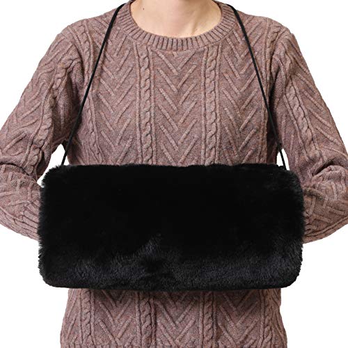 Rulala Fancy Faux Fur Hand Muff for Women Winter Hand Warm Warmer with PU Leather Strap(Black)