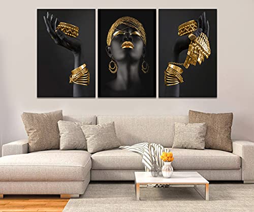 Mamago Canvas Wall Art Painting African Woman Pictures Modern Gold Black Woman Holding Gold Jewelry Posters Prints Artwork Home Decor For Living Room Bedroom Office Framed Ready To Hang - 24"X36"X3Pcs #TOP3