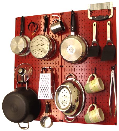Wall Control Kitchen Pegboard Organizer Pots and Pans Storage Rack Organization Kit with Red Pegboard and Black Accessories