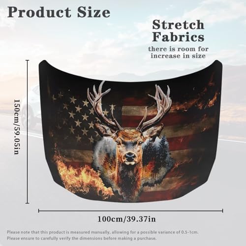 Image of Fire Elk American Flag Car Hood Cover Slip-On Washable Elastic Weatherproof Fabric Elastic Band Fixation Fits Most Cars