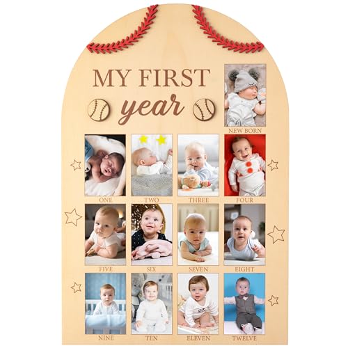 Image of R HORSE My First Year Photo Frame Board, Baseball 3D Baby’s First Year Picture Frame 12 Months Milestone Photo Display Wood Board 1st Birthday Nursery Decor Keepsake Gift for Boy Girl