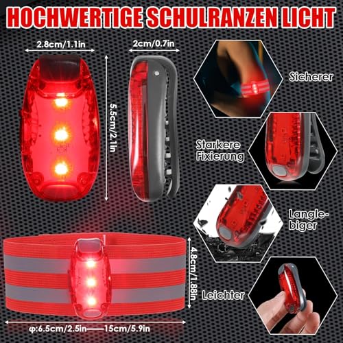 2 Rote LED Blinklicht USB Aufladbar, LED Sicherheitslicht mit Clip und Reflektierendem Ban für Schulranzen, Läuft, Zu Fuß, Hund, 3 Modi