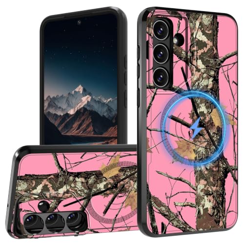 Magnetic Case for Samsung Galaxy S25 Plus / S24 Plus 6.7 inch with Camera Cover Kickstand, [Compatible with Magnetic Wireless Charging] Heavy Duty Rugged Protective Phone Case, Pink Woodland Camo