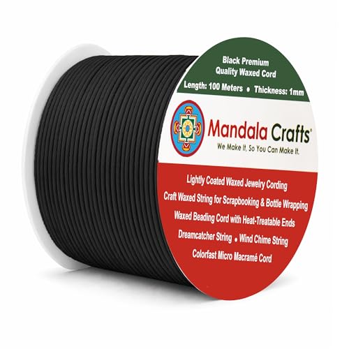 Mandala Crafts 1mm Black Cotton Waxed Cord for Jewelry Making 109 Yards Waxed Cotton String for Decorative Knotting and Accessory Assembly