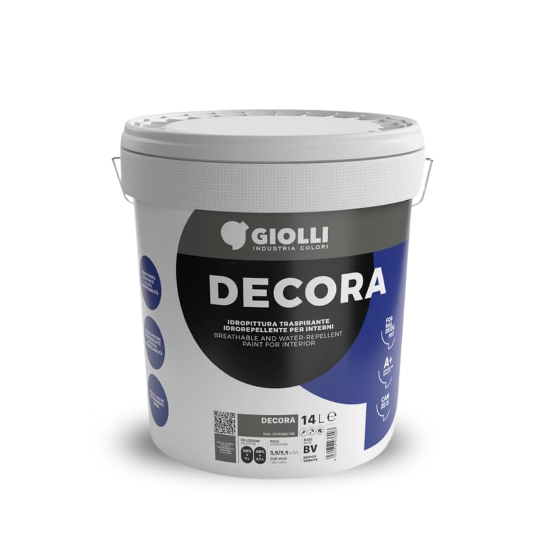Giolli industria colori | Pittura Bianca per Interni Lavabile Giolli Decora - Idropittura Murale ad Azione Traspirante - Vernice Bianca da Muro Interno a Mano Unica - 14 L