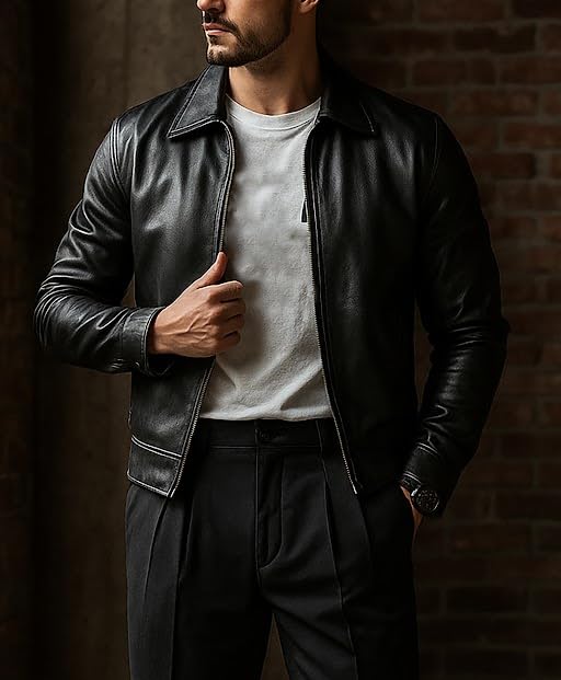 Leather Jacket for Men - Real Lambskin Turndown Collar Black Leather Jacket Men4