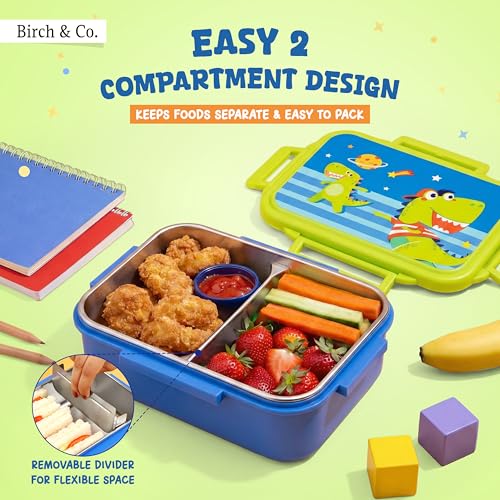 Image of Tiffin Box for School - Lunch Box for Kids Boys - Snacks Boxes for Girls - 900 ml Stainless Steel Tiffin Box, Leak-Proof 4-Side Locks, BPA-Free Food-Grade Material with Removable Divider, Dinos