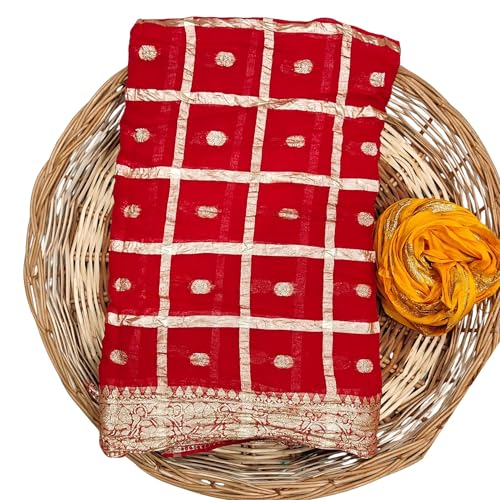 Image of Women's Pure Viscose Georgette Checks Zari Fabric Jaipuri Saree with Matching Blouse