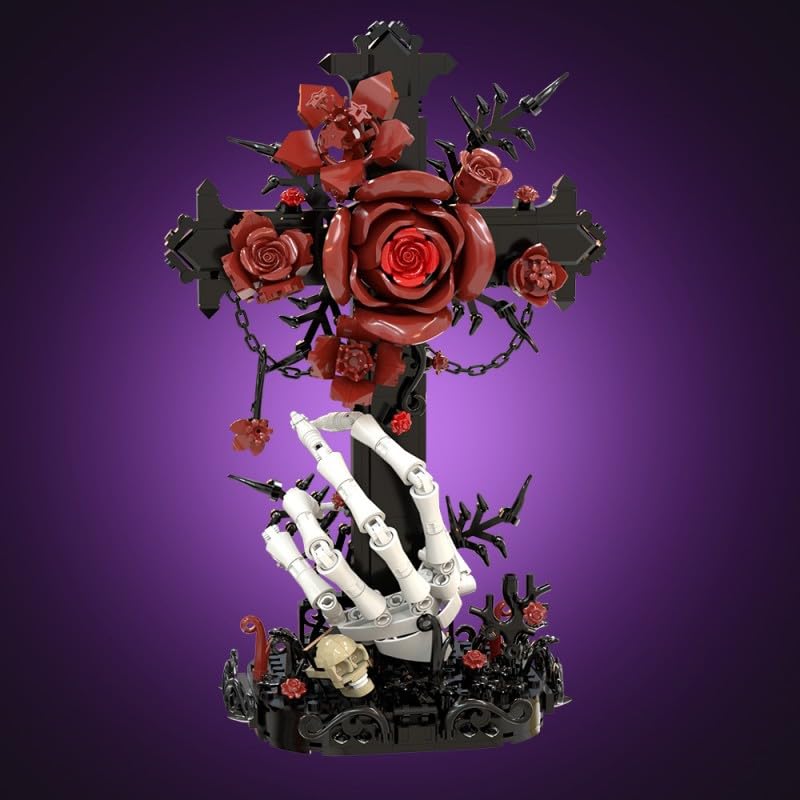 Gothisches Kreuz & Rot Rosen-Bauset, Skelett-Hand mit Schädel Sammlermodell, Dunkle Fantasy-Deko für Erwachsene Bauklötze-Set, Halloween-Romantische Geschenke, Spuk-Themen-Spielzeug-Display