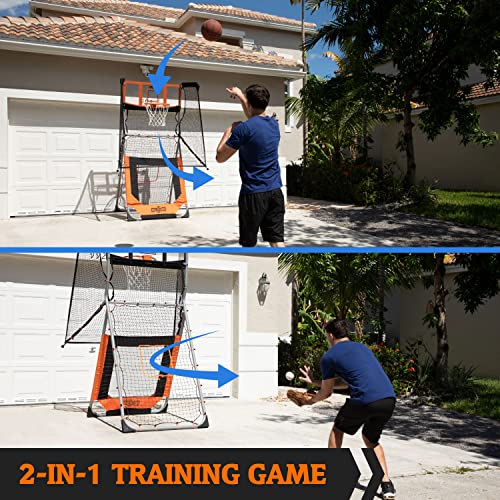Hall of Games Outdoor 2-in-1 Basketball and Baseball Rebound, Pitchback Training Game, Orange, Black