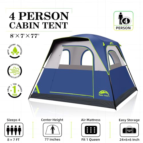 Image of Happy Travel Tent 4 Person Tents for Camping, Waterproof Easy Setup Camping Tent with Top Rainfly, Portable Tall Cabin Tent with 4 Mesh Windows and Carry Bag for Outdoor Camping & Hiking