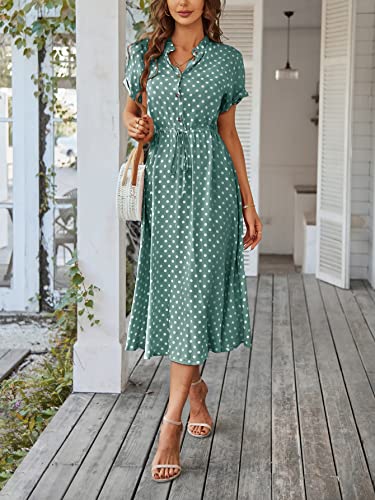 Milumia Women'S Drawstring Waist Button Front Short Sleeve Casual A Line Midi Dress Green Medium thumb #2