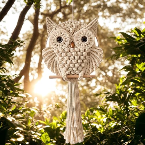 Image of tms Bohemian Owl Macrame Wall Hanging, Handcrafted Boho Chic Accent, Yellow Light, 30.5 x 58.4 cm, for Home, Office, or Living Room