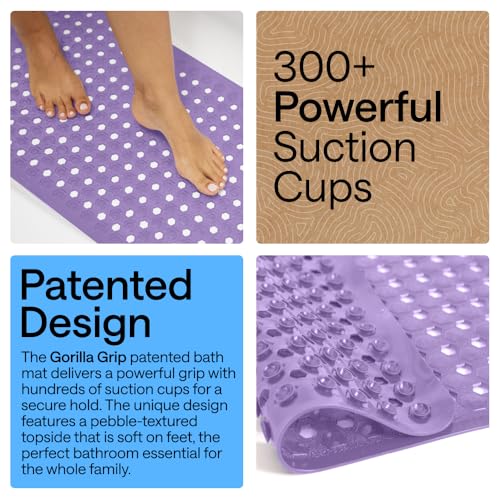 Image of GORILLA GRIP Patented Bath Tub Shower Mat, Machine Washable Bathtub Floor Liner Mats, Suction Cups and Drain Holes to Keep Tubs Clean, Soft on Feet, Bathroom Essentials, 35x16 Inch, Purple Opaque
