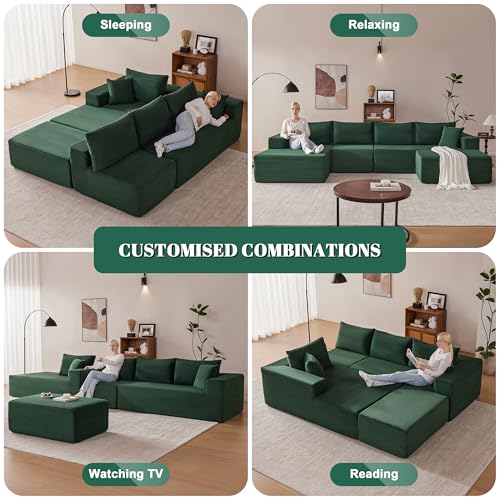 Image of Mangodan 140 inch Cloud Sectional Couch, Modular Sectional Sofa with Deep Seat, Boneless Sofa for Living Room, Fluffy Comfy U-Shaped Couch with Left Facing Chaise, No Assembly Required, Green